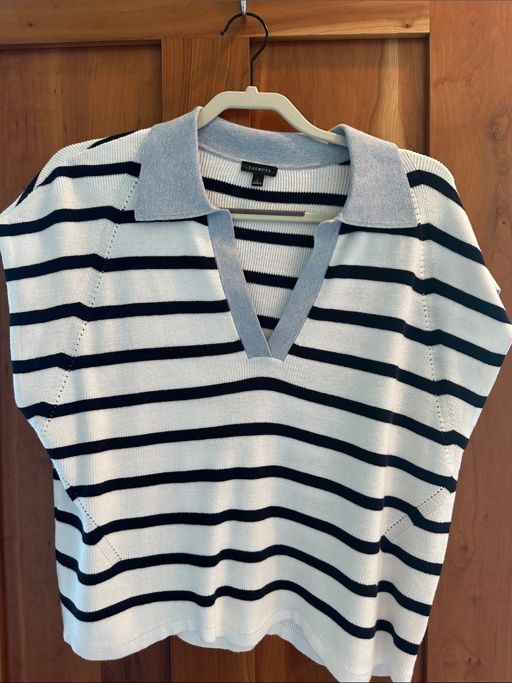 Talbots White and Navy Striped V‑Neck Polo Sweater
